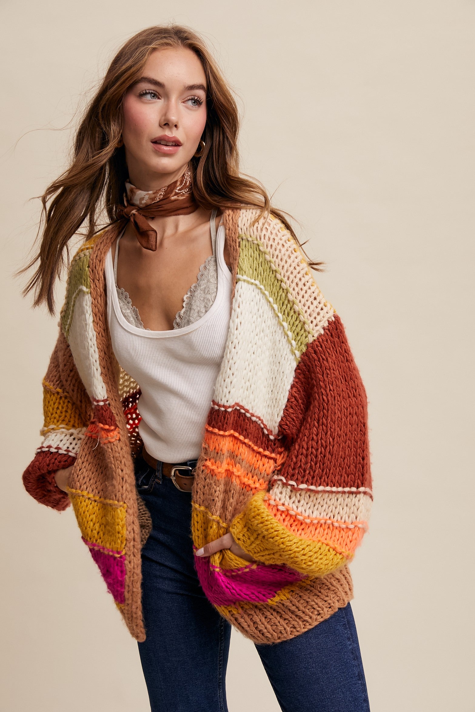 HAND KNIT MULTI STRIPED CARDIGAN