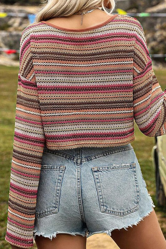 RED ETHNIC STRIPED WIDE CROPPED LONG SLEEVE TOP