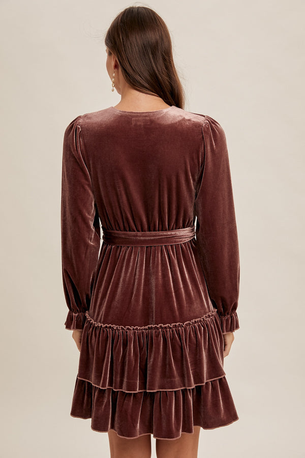 VELVET SURPLICE LONG SLEEVE RUFFLED DRESS