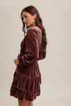 VELVET SURPLICE LONG SLEEVE RUFFLED DRESS