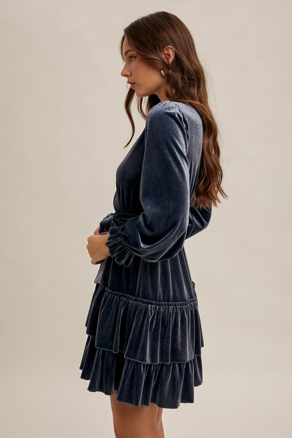 VELVET SURPLICE LONG SLEEVE RUFFLED DRESS