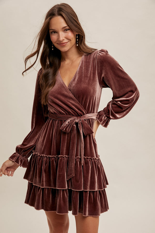 VELVET SURPLICE LONG SLEEVE RUFFLED DRESS