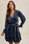 VELVET SURPLICE LONG SLEEVE RUFFLED DRESS