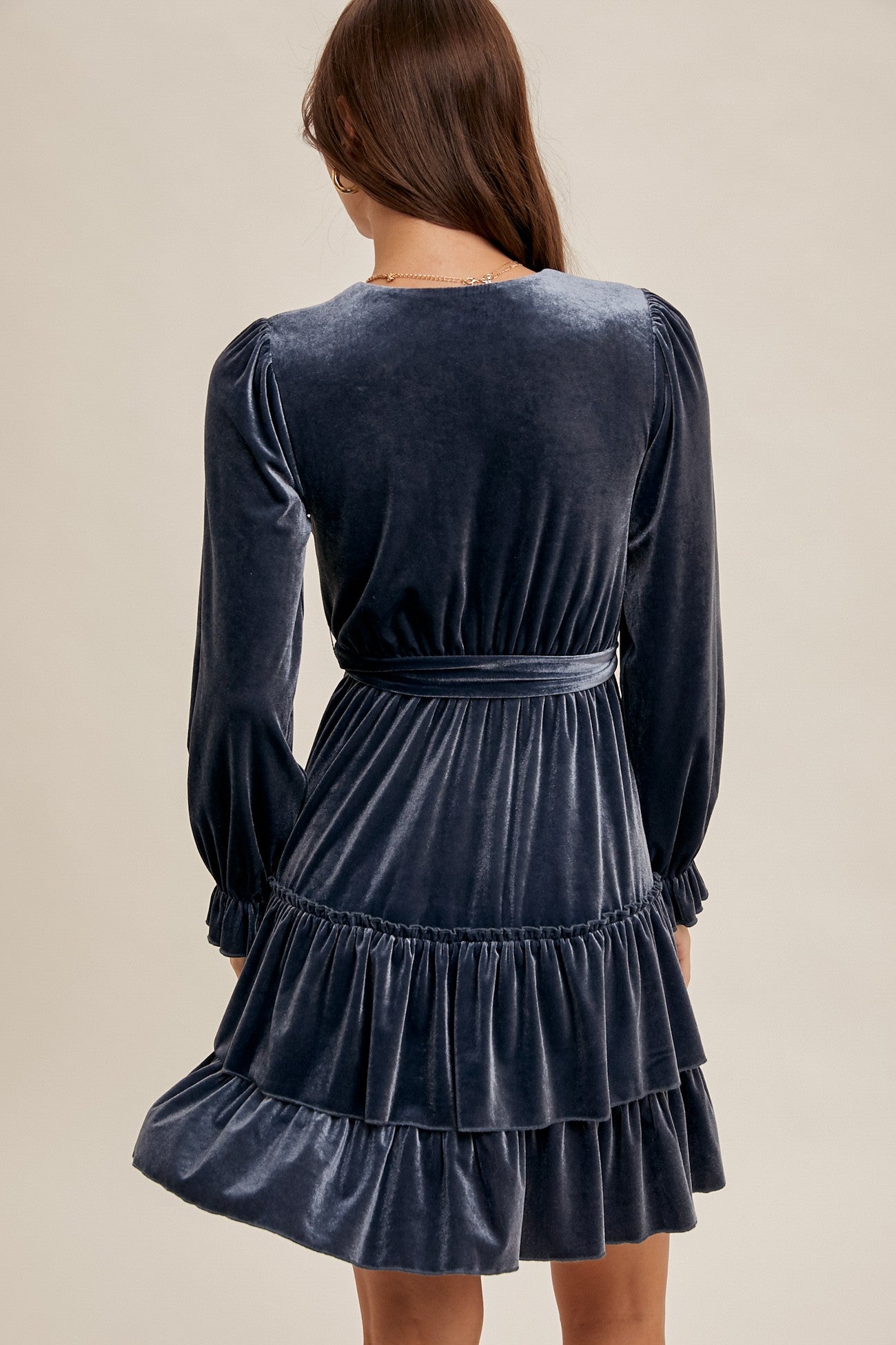 VELVET SURPLICE LONG SLEEVE RUFFLED DRESS