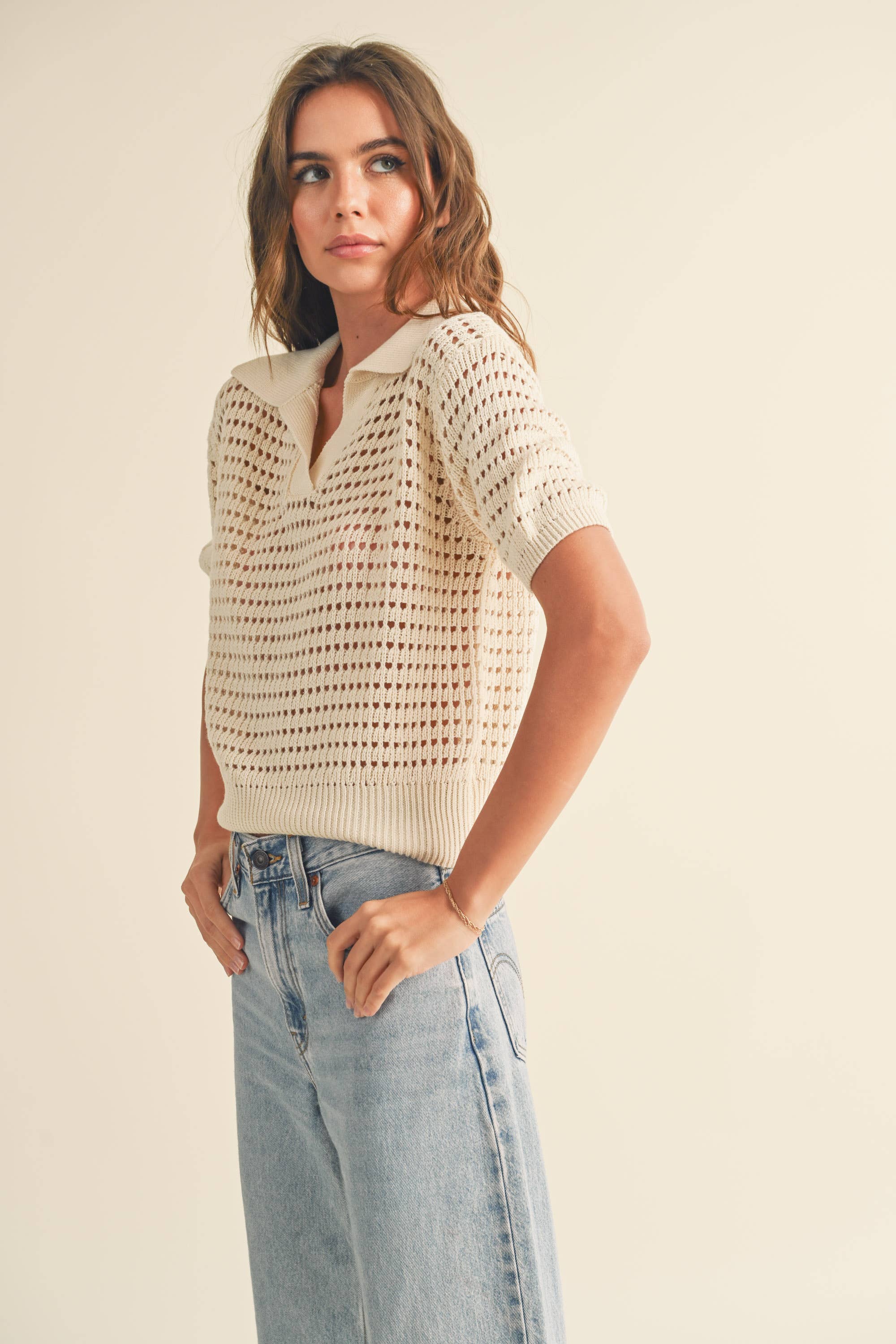 SALE-CROCHET KNITTED COLLARED TOP CREAM-SALE