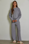 KNIT SWEATER RIBBED WIDE LEG BANDED WAIST LOUNGE PANTS: LIGHT GREY