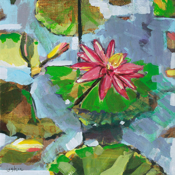 An impressionistic painting of a pink water lily on a green lily pad, surrounded by blue-gray water and other lily pads, with visible brushstrokes and a signature in the lower-left corner.
