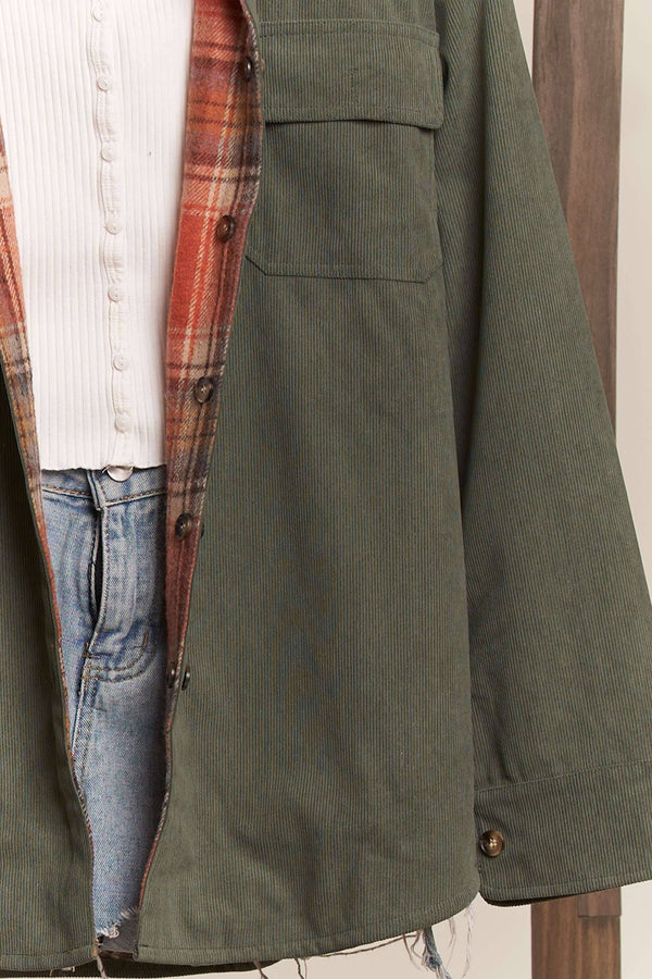 RUST/OLIVE REVERSIBLE CORDUROY AND PLAID SHIRT