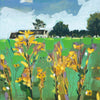An impressionistic landscape painting featuring a green field with yellow and gold wildflowers in the foreground, a white farmhouse and dark trees in the midground, and a blue sky with white clouds above.