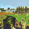 An impressionistic landscape painting featuring a winding dark river or path through a bright green field, with trees, buildings, and a pale blue sky in the background.