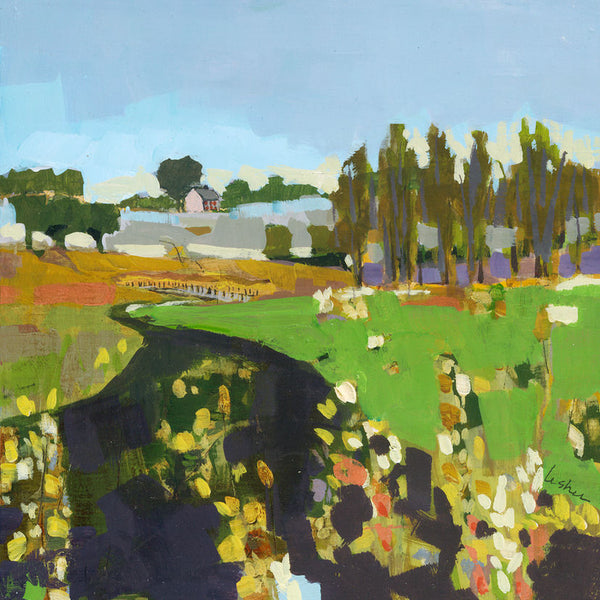 An impressionistic landscape painting featuring a winding dark river or path through a bright green field, with trees, buildings, and a pale blue sky in the background.