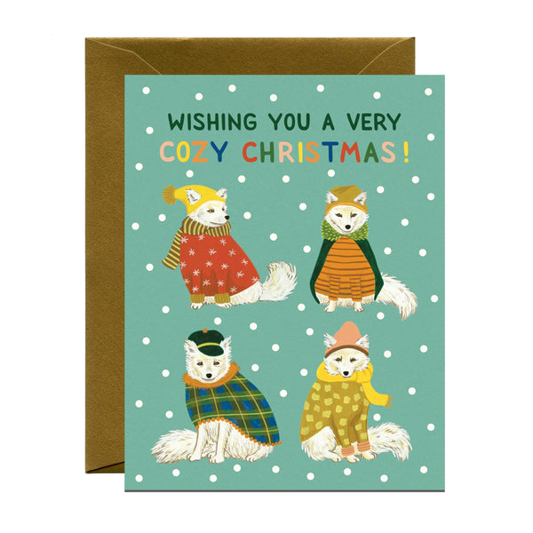 COZY ARCTIC FOXES IN SWEATERS CHRISTMAS CARD