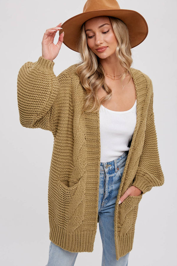 CHUNKY CABLE LANTERN SLEEVE CARDIGAN