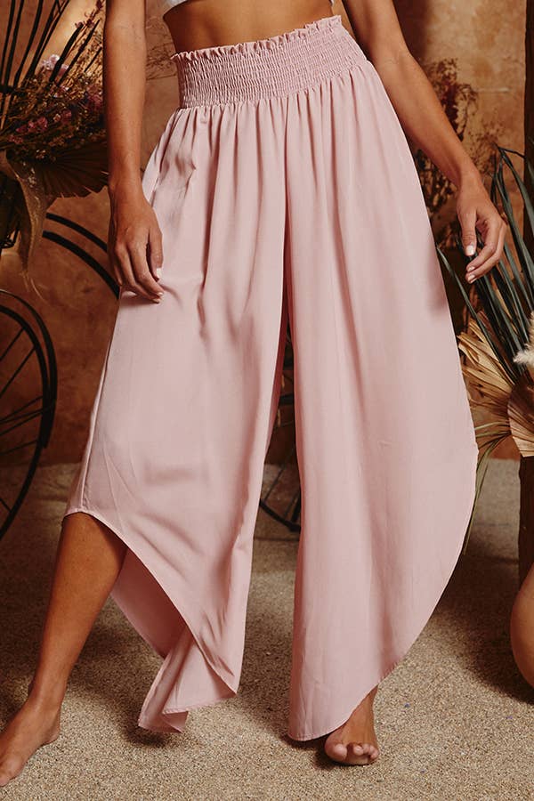 SOFT BLUSH WOVEN SMOCKED WAISTBAND WIDE LEG PANTS