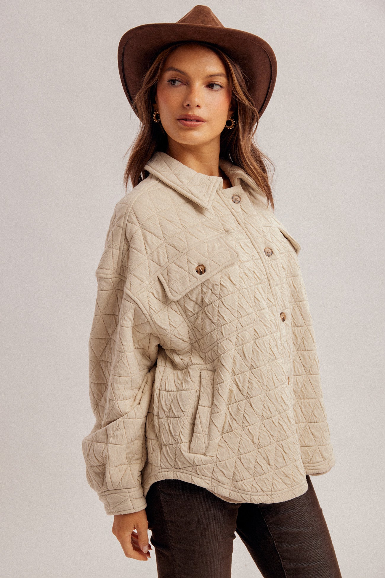 QUILTED KNIT OVERSIZED BUTTON DOWN SHACKET WITH POCKETS