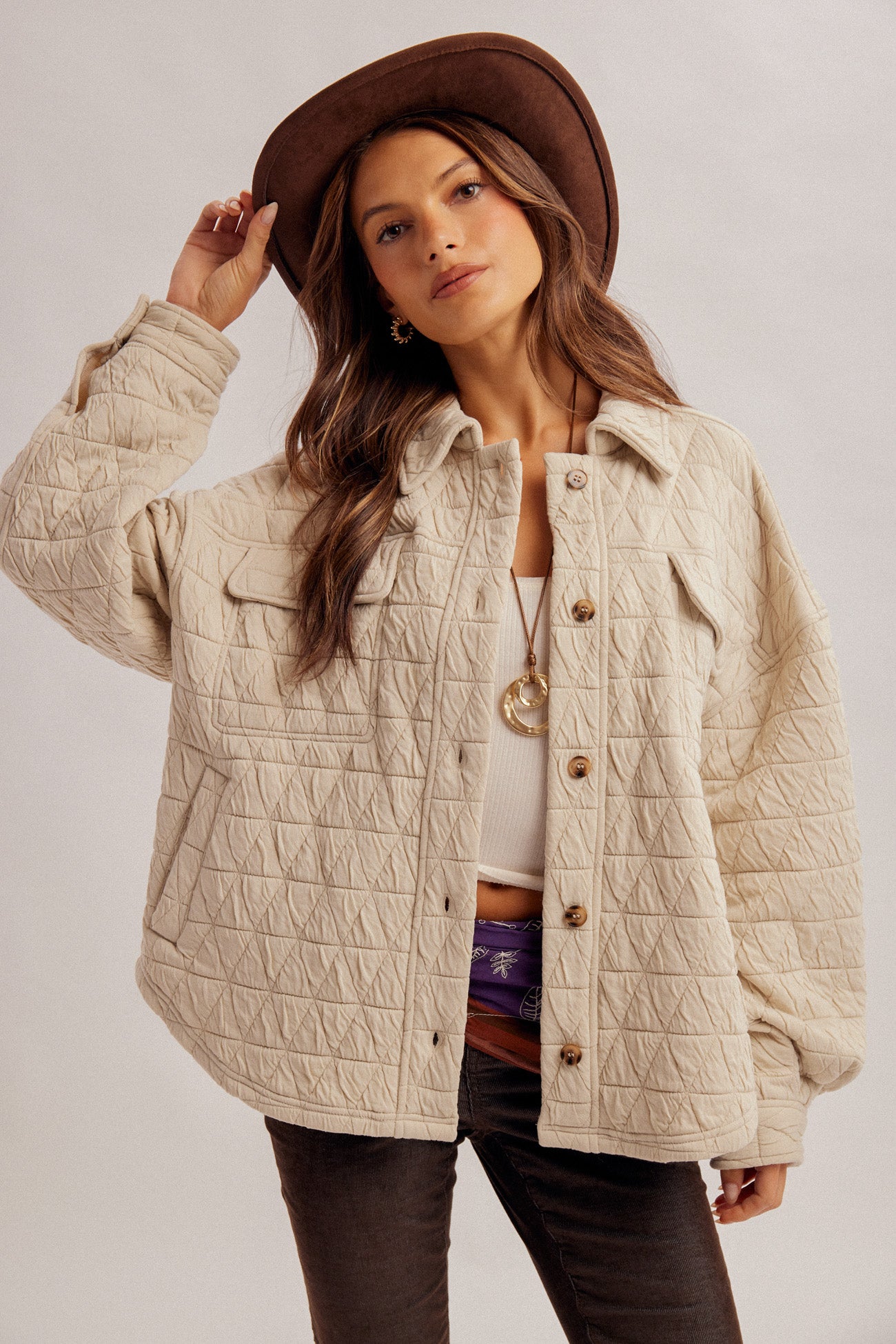 QUILTED KNIT OVERSIZED BUTTON DOWN SHACKET WITH POCKETS