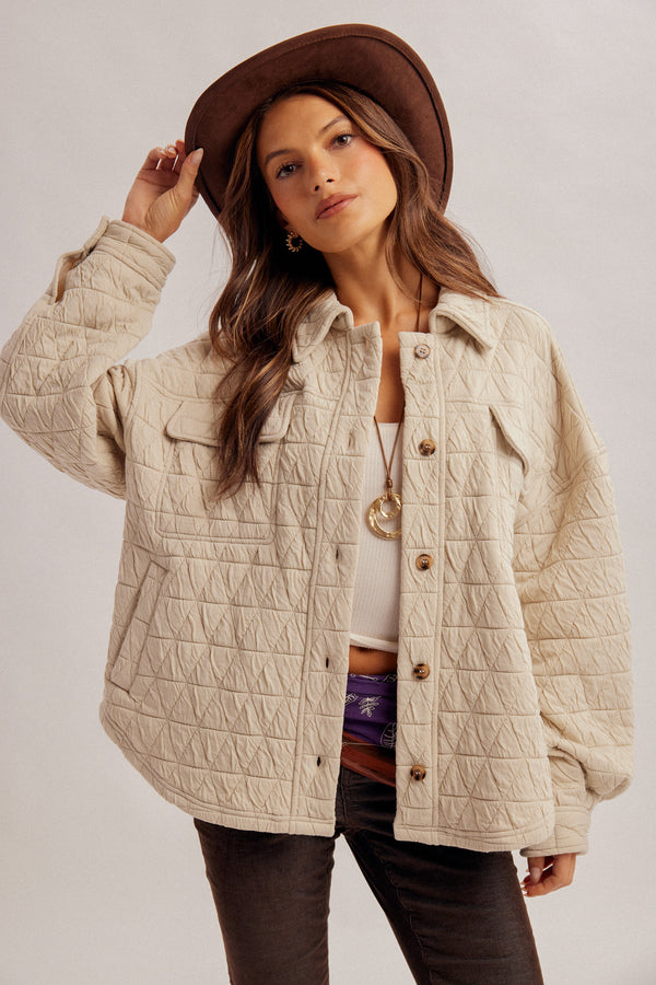 QUILTED KNIT OVERSIZED BUTTON DOWN SHACKET WITH POCKETS