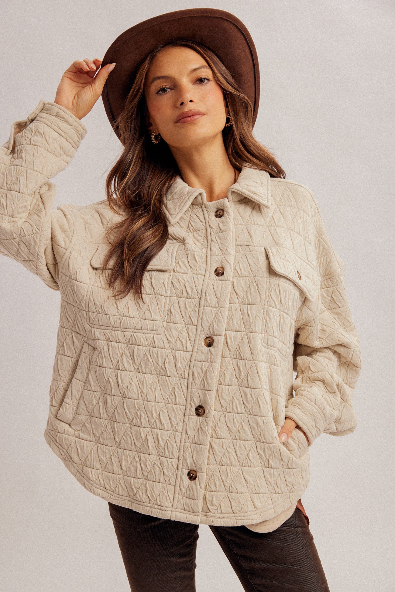 QUILTED KNIT OVERSIZED BUTTON DOWN SHACKET WITH POCKETS