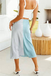 HIGH WAIST SATIN FISHTAIL COLOR BLOCK MIDI SKIRT