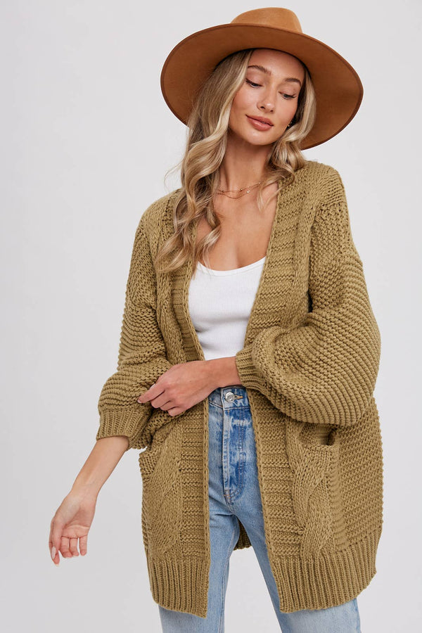 CHUNKY CABLE LANTERN SLEEVE CARDIGAN