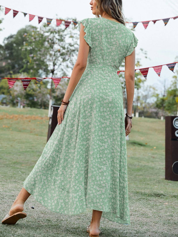 GREEN BOHEMIAN V-NECK TIE SWING HOLIDAY DRESS