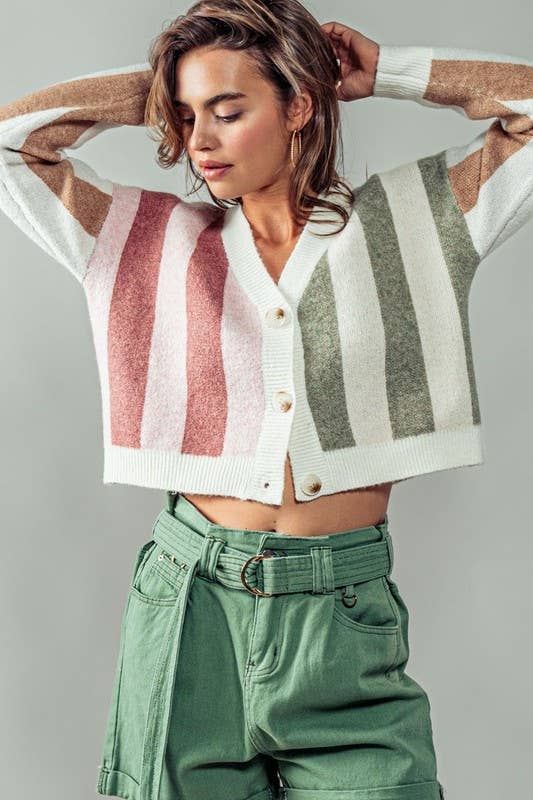 CLUSTER COLOR STRIPE CARDIGAN - PINK/SAGE