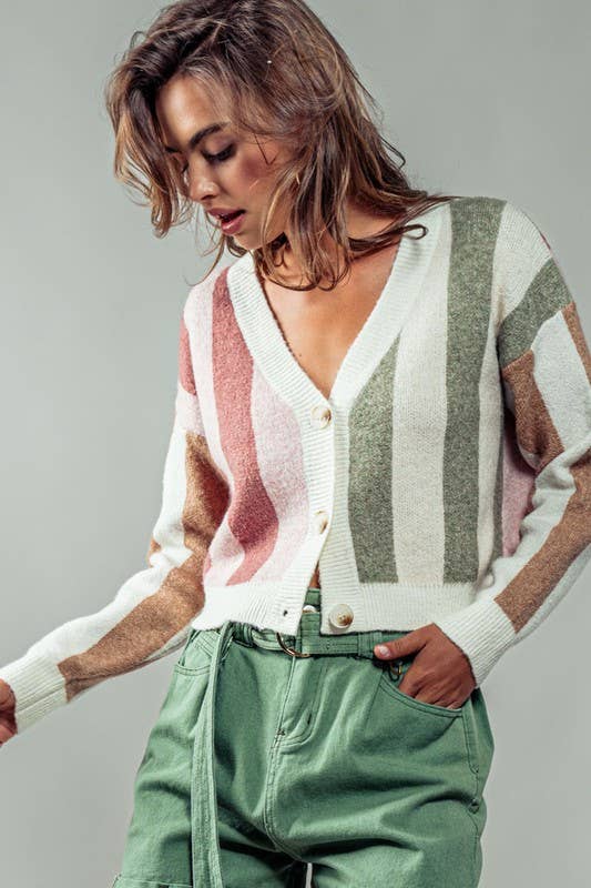 CLUSTER COLOR STRIPE CARDIGAN - PINK/SAGE