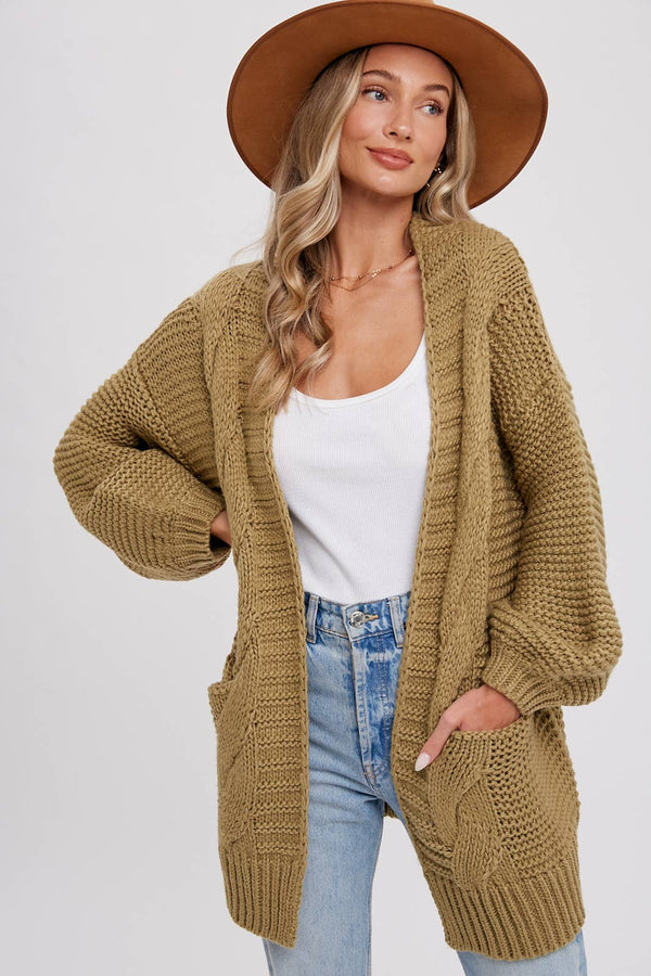 CHUNKY CABLE LANTERN SLEEVE CARDIGAN