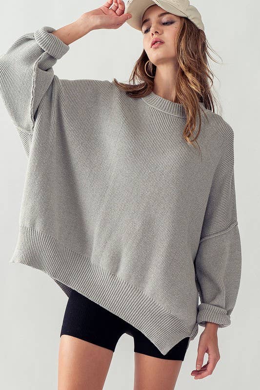 OVERSIZED SIDE SLIT CREW NECK COZY SWEATER