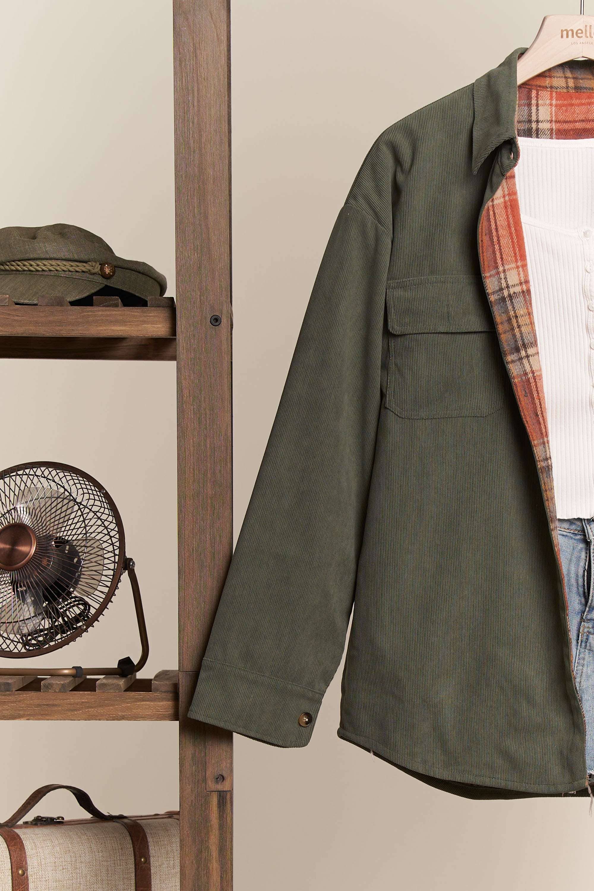 RUST/OLIVE REVERSIBLE CORDUROY AND PLAID SHIRT