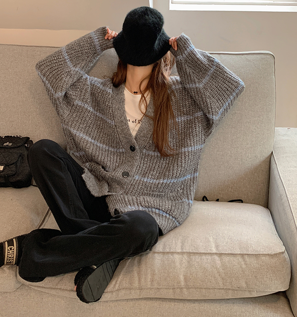 GRAY STRIPED SWEATER MID-LENGTH KNIT CARDIGAN (OS)