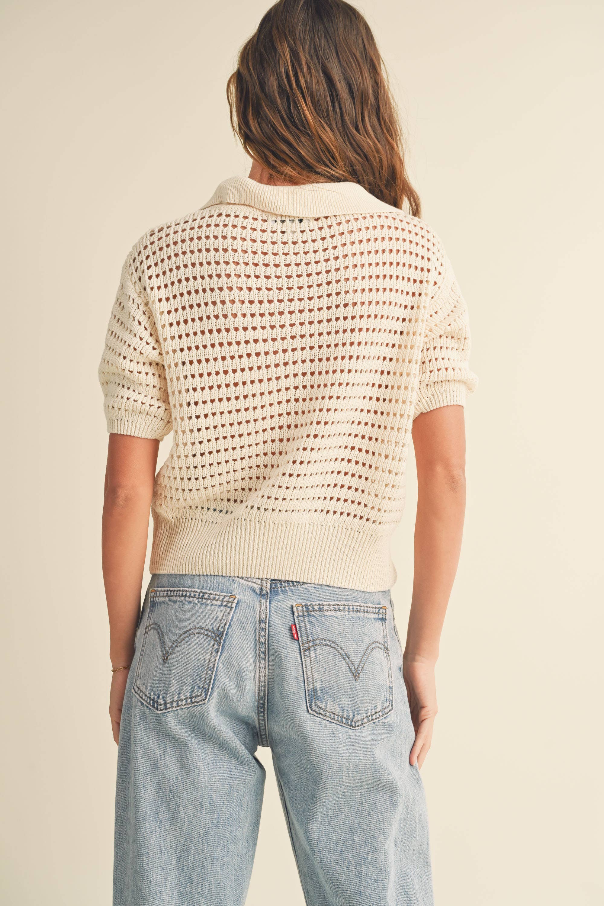 CROCHET KNITTED COLLARED TOP CREAM