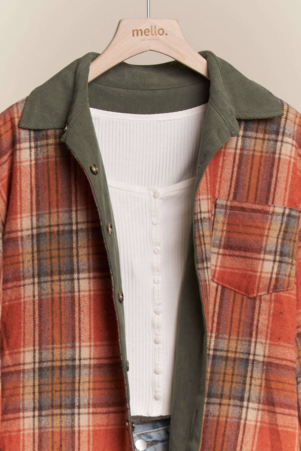 RUST/OLIVE REVERSIBLE CORDUROY AND PLAID SHIRT