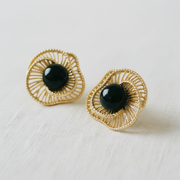 VINTAGE FILIGREE FLORAL TIGER'S EYE STUD EARRINGS