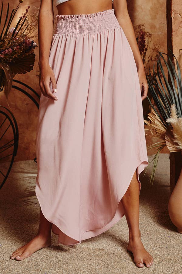 SOFT BLUSH WOVEN SMOCKED WAISTBAND WIDE LEG PANTS