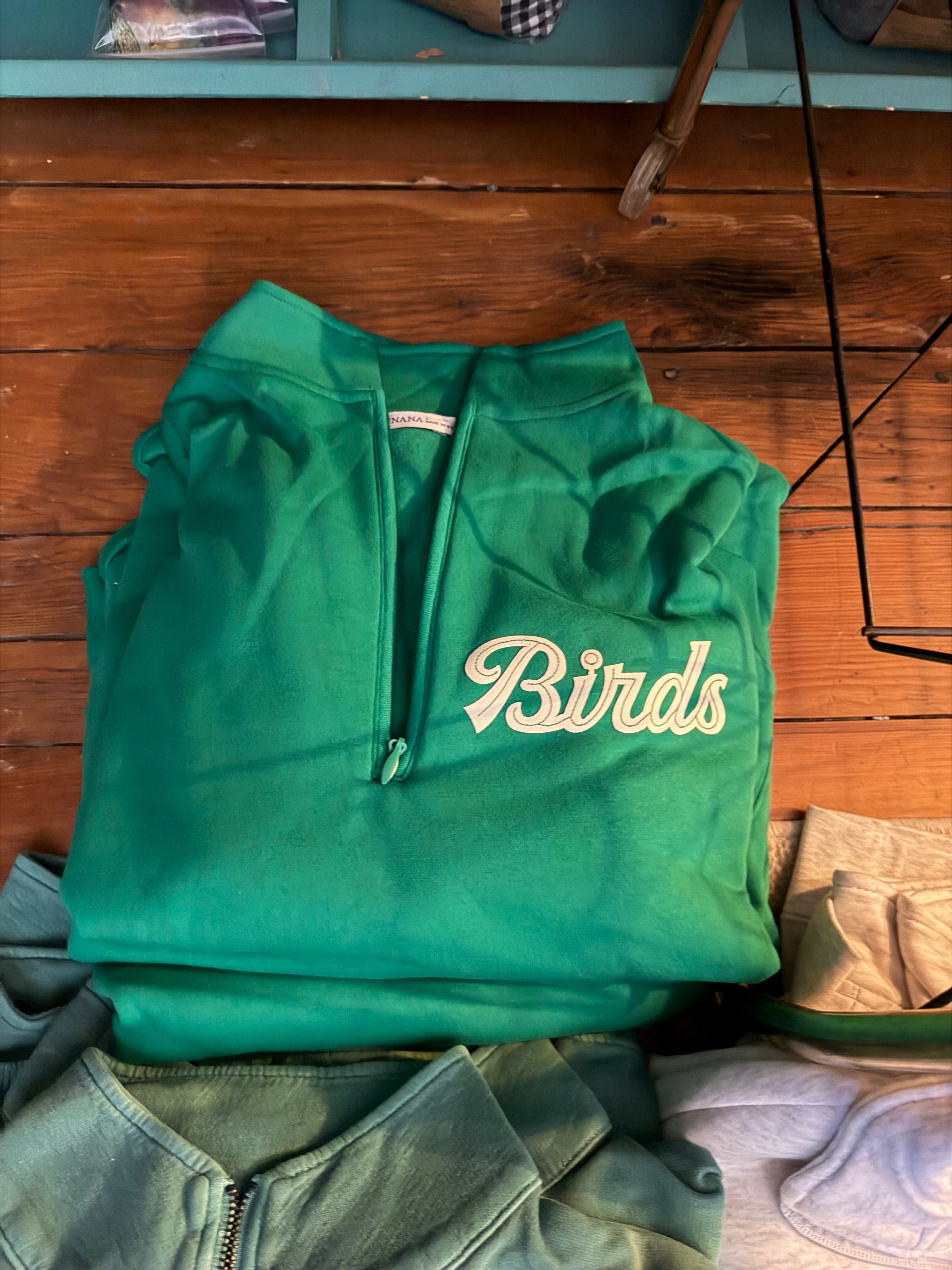 Kelly Green Embroidered Birds 1/4 Zip