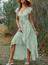 GREEN BOHEMIAN V-NECK TIE SWING HOLIDAY DRESS