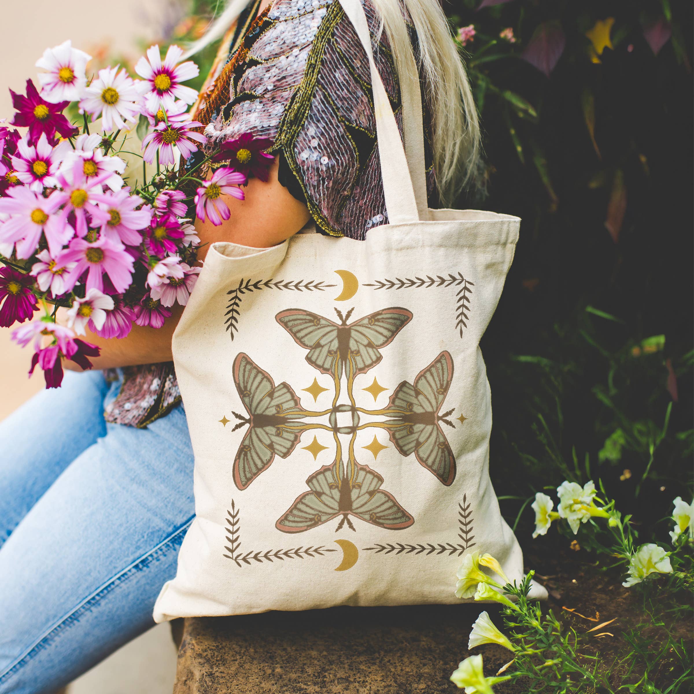 LUNA MOTH REUSABLE SHOPPING BAG- BOHO TOTE