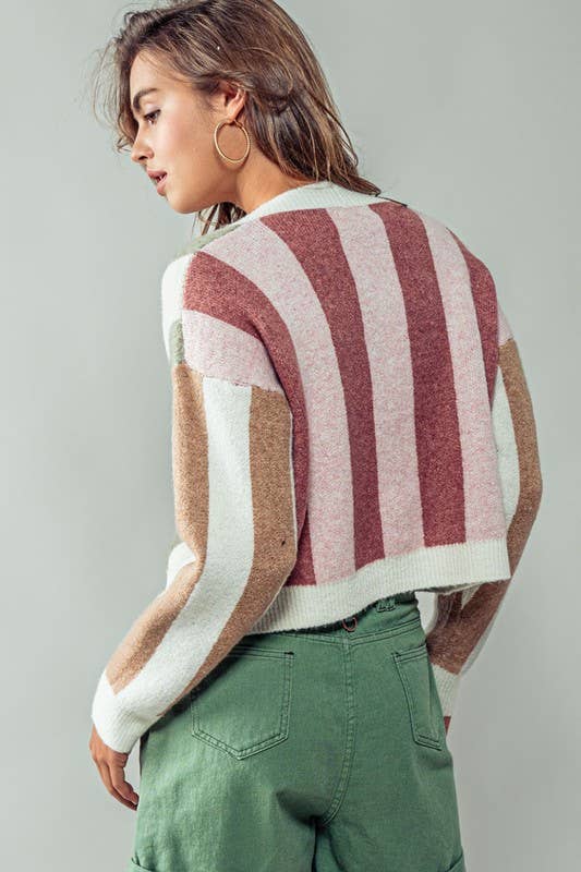 CLUSTER COLOR STRIPE CARDIGAN - PINK/SAGE