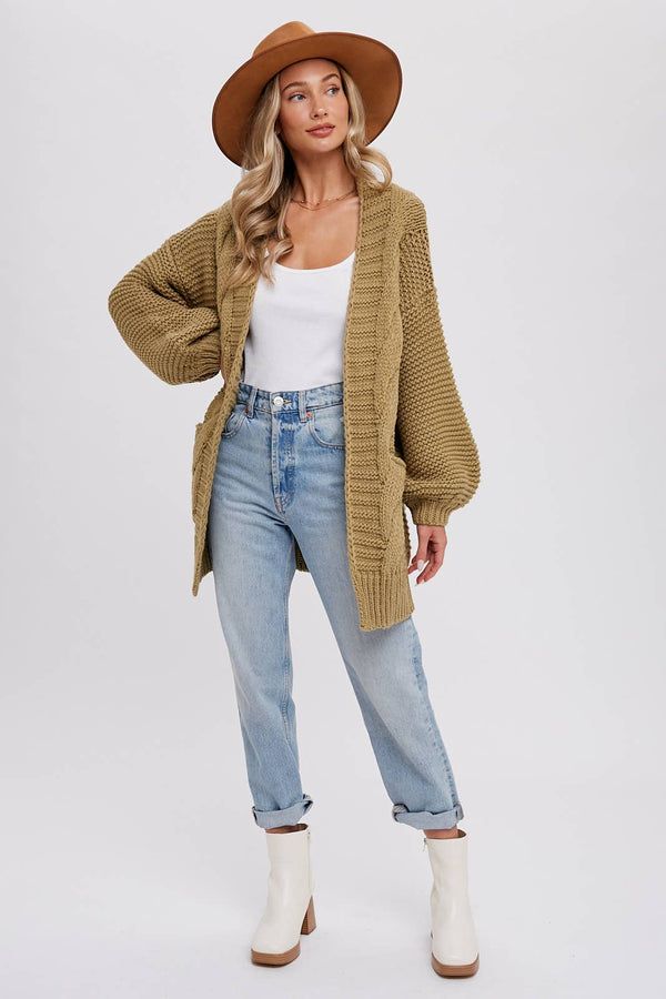 CHUNKY CABLE LANTERN SLEEVE CARDIGAN