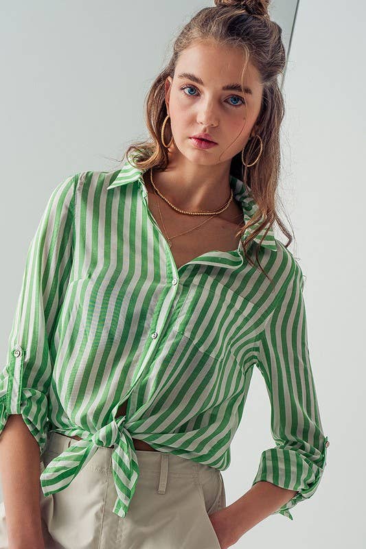 COLLAR HEM TIE STRIPE SHIRT GREEN APPLE