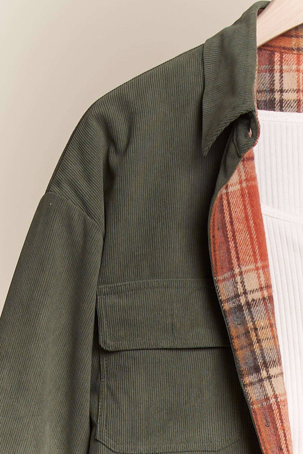 RUST/OLIVE REVERSIBLE CORDUROY AND PLAID SHIRT