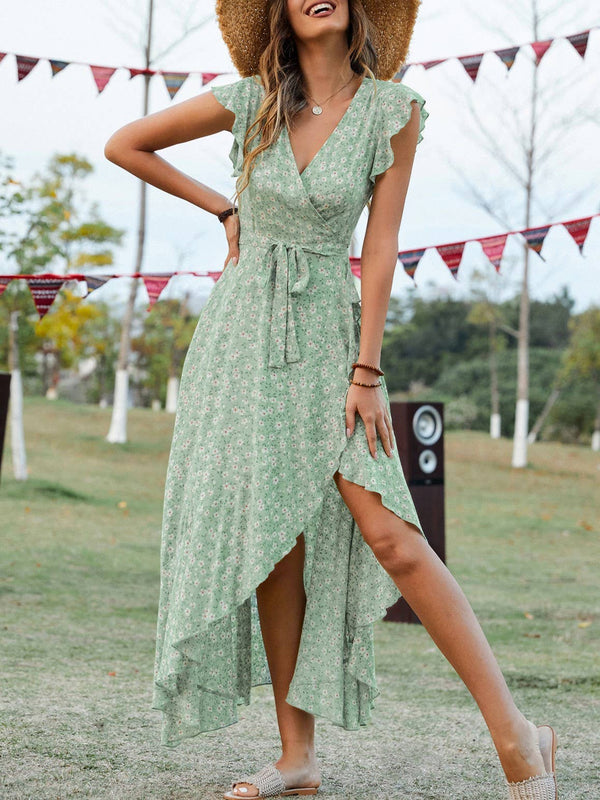 GREEN BOHEMIAN V-NECK TIE SWING HOLIDAY DRESS