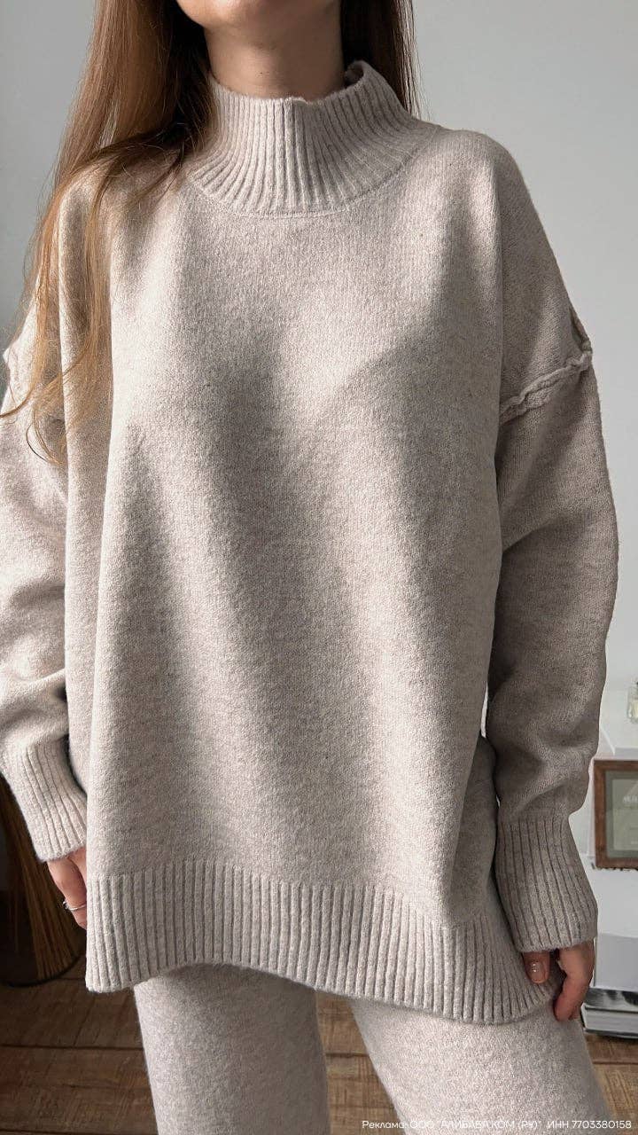 COZY NECK SIDE SLIT SWEATER & WIDE PANT SET