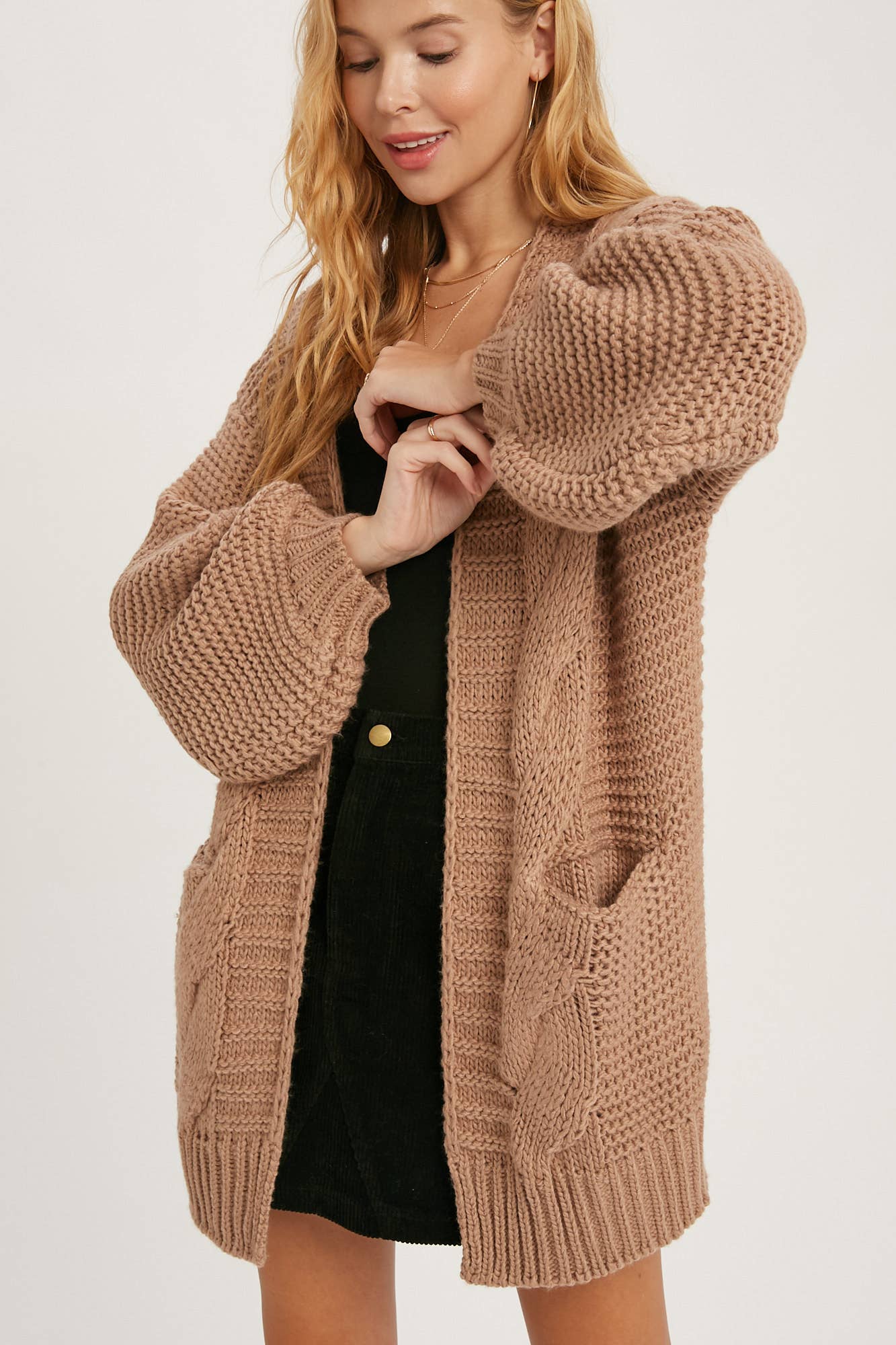 CHUNKY CABLE LANTERN SLEEVE CARDIGAN