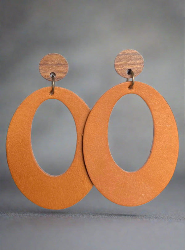 LIGHT BROWN OVAL LEATHER & WOOD EARRINGS