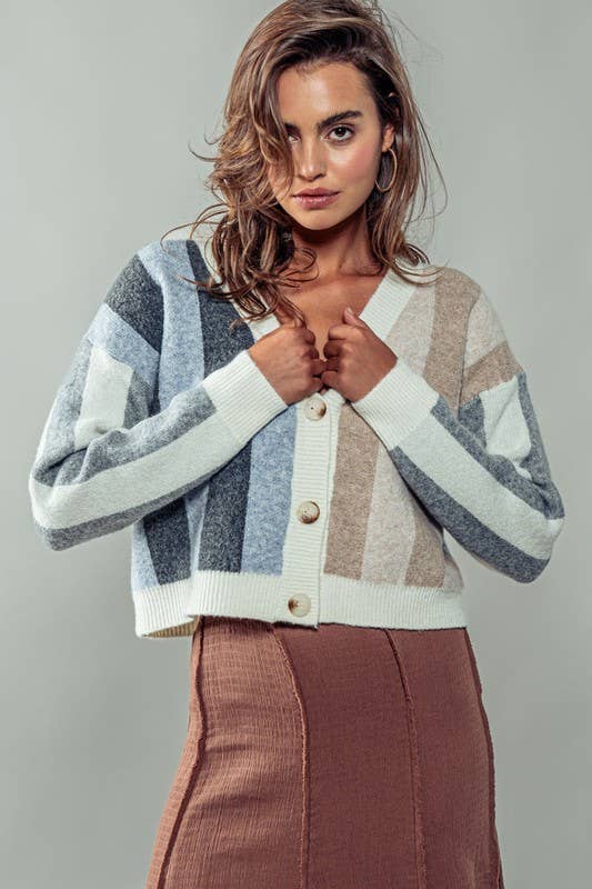 CLUSTER COLOR STRIPE CARDIGAN - GREY/TAUPE