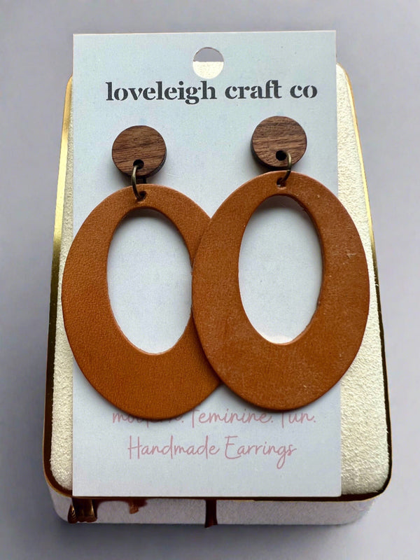 LIGHT BROWN OVAL LEATHER & WOOD EARRINGS