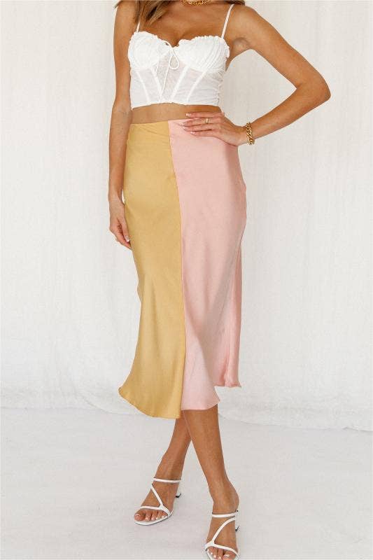 HIGH WAIST SATIN FISHTAIL COLOR BLOCK MIDI SKIRT