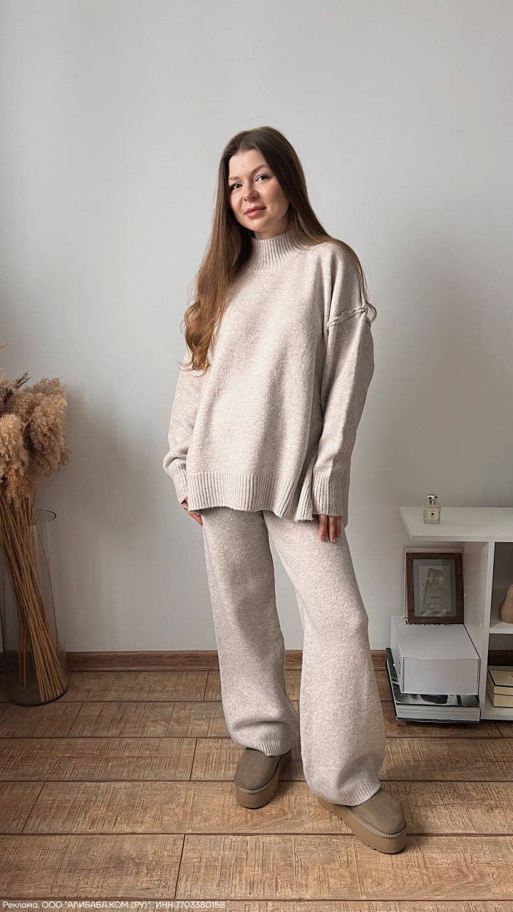 COZY NECK SIDE SLIT SWEATER & WIDE PANT SET